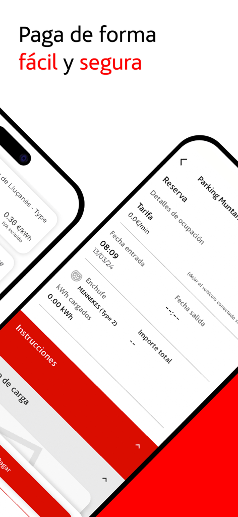 Interfaccia dell'app ACCIONA recarga EV che mostra i dettagli della prenotazione di ricarica e le informazioni di pagamento.