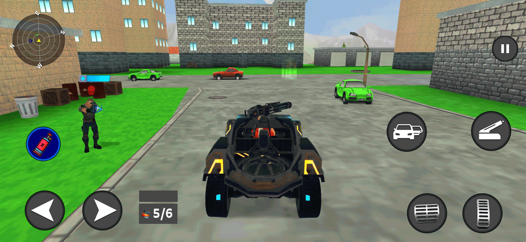 Un vehículo blindado futurista con una ametralladora conduciendo a través de un entorno urbano en Cover Fire Max Battlegrounds.