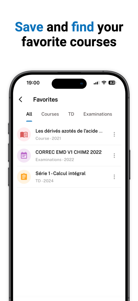 E-Studying – Study in Algeria - Mobile app screen showing a list of favorite academic courses and exams.