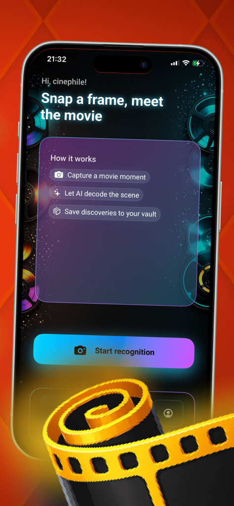 Cinе Snаp - Interfaccia dell'app Cine Snap che spiega come identificare film da uno screenshot utilizzando l'IA