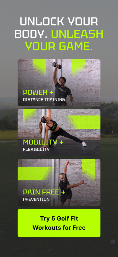 Golf Fit - Golf Fit app screen showing Power, Mobility, and Pain Free workout categories with a call to action for free workouts