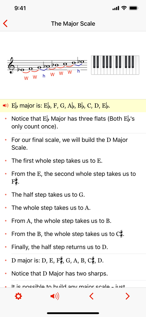 Theory Lessons - Theory Lessons app screen explaining major scales with musical notation and a piano keyboard diagram