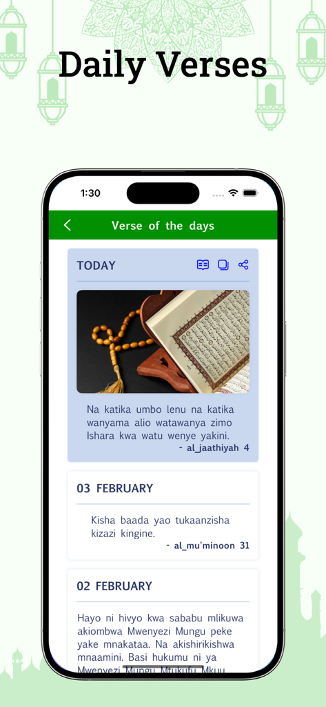 Swahili Quran - A smartphone display showing the Daily Verses feature in the Swahili Quran app with verse translations and religious imagery.