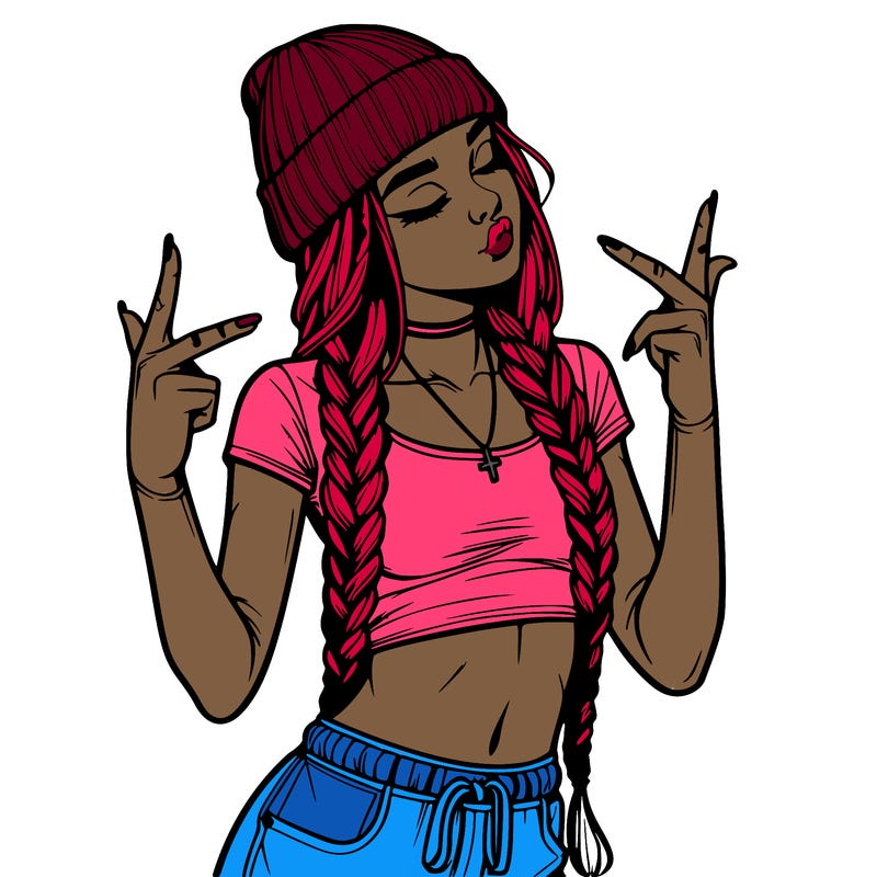realistic teenage girl with braids and a beanie and crop top doing 🫶🏼