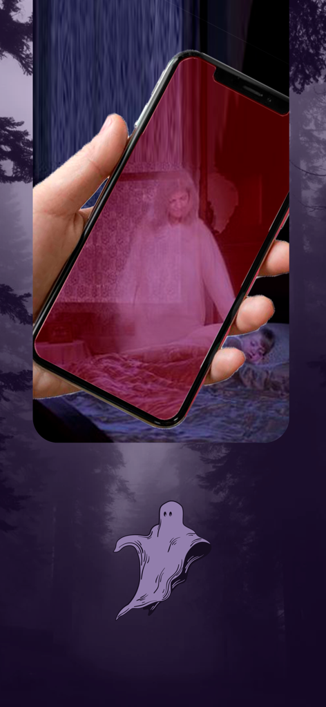 Camera Ghost Radar Game - Un smartphone que muestra una aparición fantasmal en una habitación a través de una aplicación de cámara de realidad aumentada.