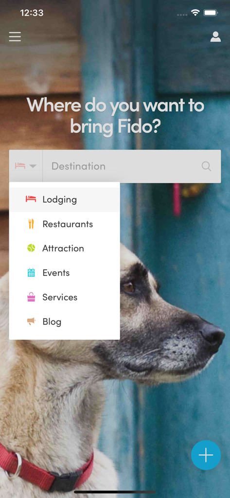 BringFido - Tela inicial do aplicativo BringFido com uma barra de pesquisa de locais que aceitam pets e um menu de categorias como hospedagem e restaurantes.