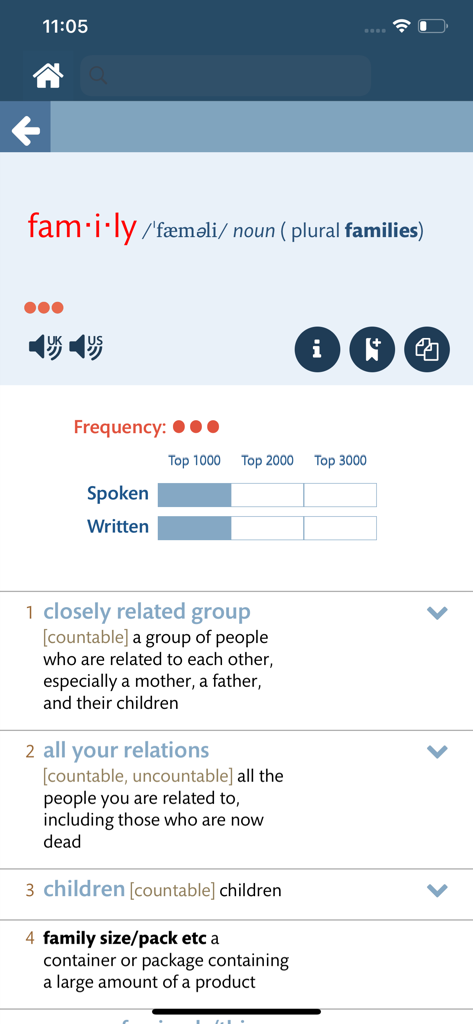 Longman Dictionary of English - Entrada de palabra para 'family' en la aplicación Longman Dictionary of English con indicadores de pronunciación y frecuencia