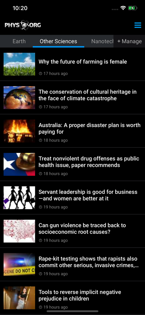 Phys.org - Phys.orgアプリ画面にある科学および社会科学ニュース記事のリスト