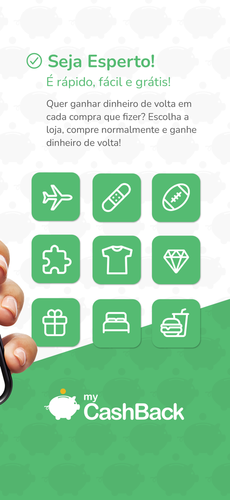 MyCashBack Brasil app screen showing shopping categories like travel fashion and food for earning cashback.