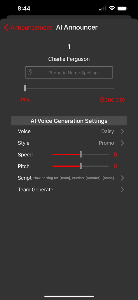 Walkout Song DJ - AI Announcer settings screen in the Walkout Song DJ app showing voice generation options for a player named Charlie Ferguson