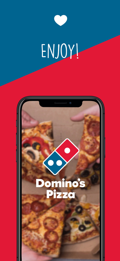 Dominos Pizza Greece mobile app opening screen with logo and heart icon