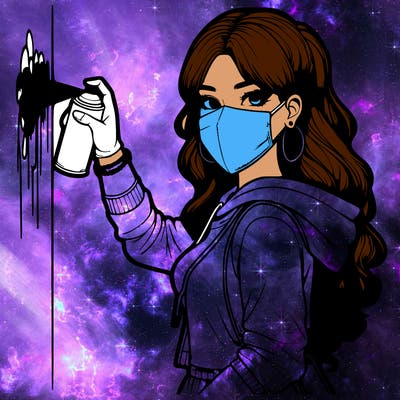 realistic girl with mask spray painting a wall