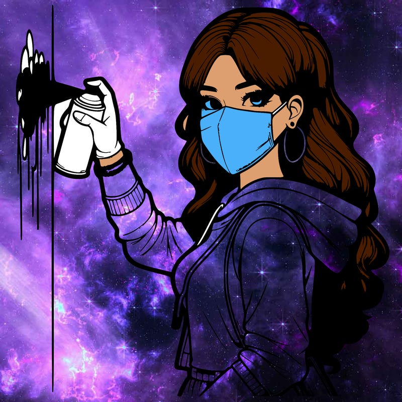 realistic girl with mask spray painting a wall