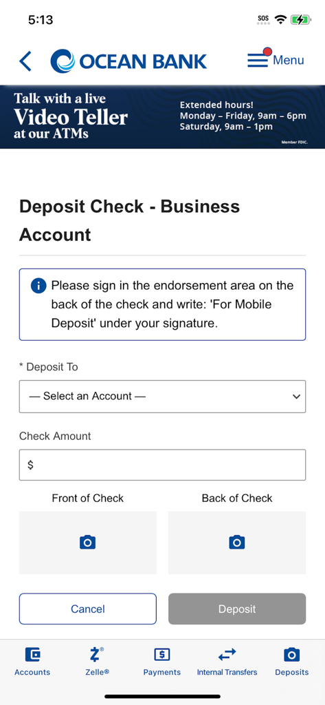 Ocean Bank mobile app screen for depositing a check into a business account