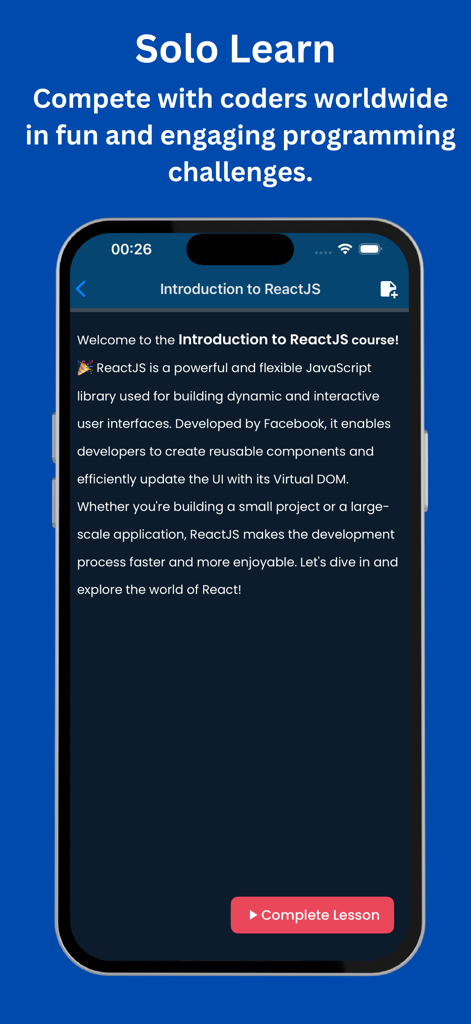 Tela de smartphone mostrando uma lição introdutória de ReactJS em um aplicativo de educação de codificação