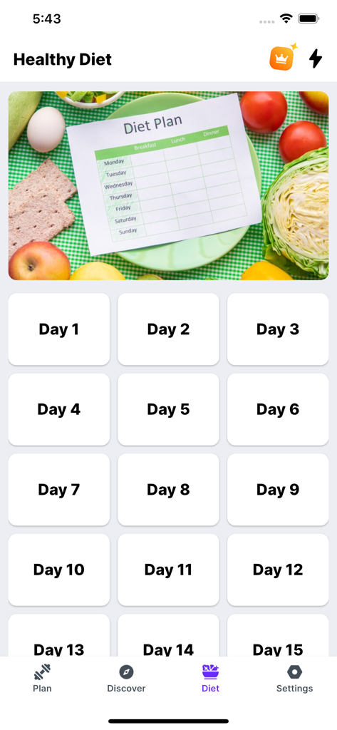 Asian Pilates: Daily Pilates - Pantalla de la aplicación Asian Pilates que muestra un plan de dieta saludable y horarios de comidas diarias.