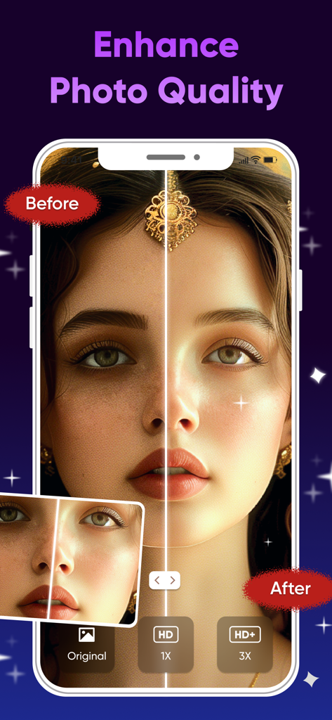 AI Photo Enhancer : Photo App - Comparación antes y después de un retrato borroso frente a una foto clara de alta definición usando mejora con IA.