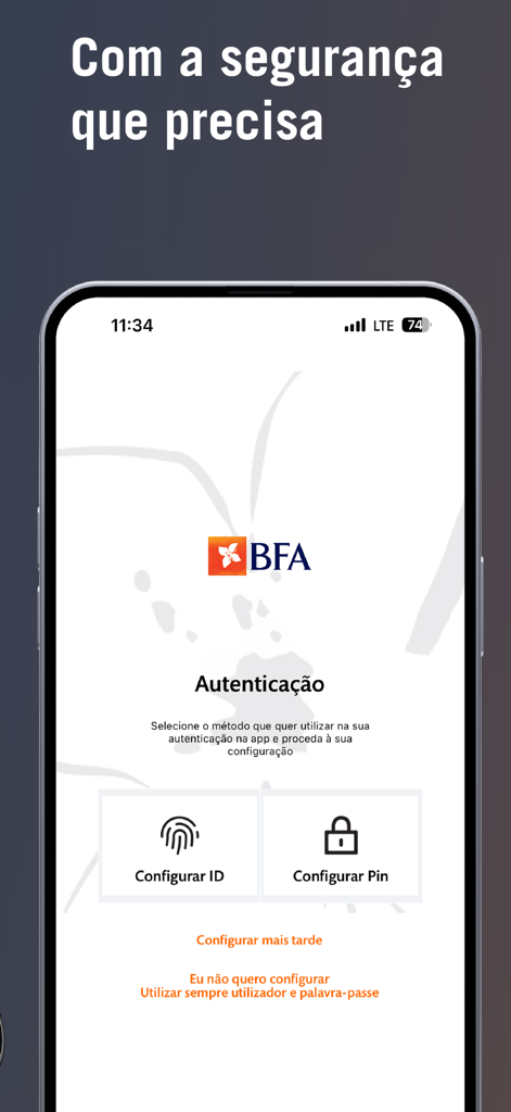 Schermata di autenticazione dell'app BFA Net Empresas che mostra le opzioni di configurazione della sicurezza con impronta digitale e PIN