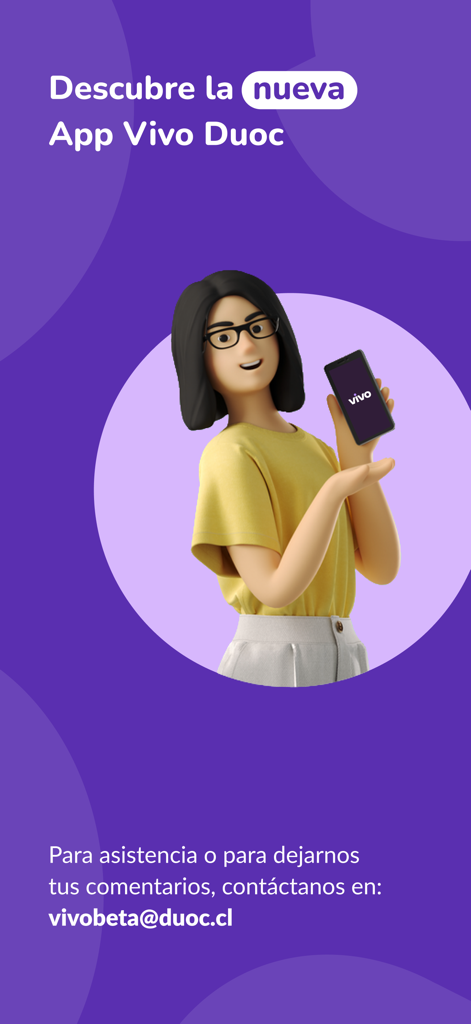 Vivo Duoc UC - Graphic showing the new Vivo Duoc UC mobile app with a 3D character holding a smartphone