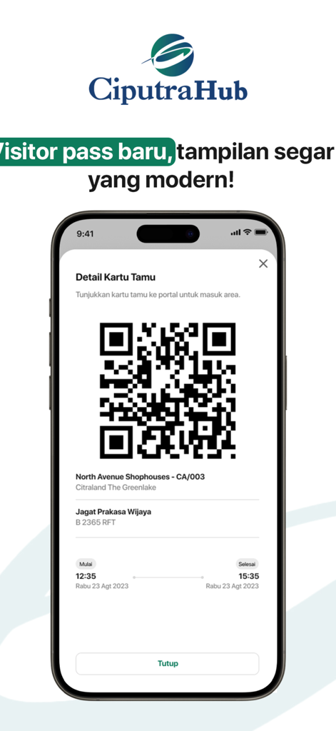 Ciputra Hub - A mobile screen from the Ciputra Hub app displaying a visitor pass with a QR code for residential property access.