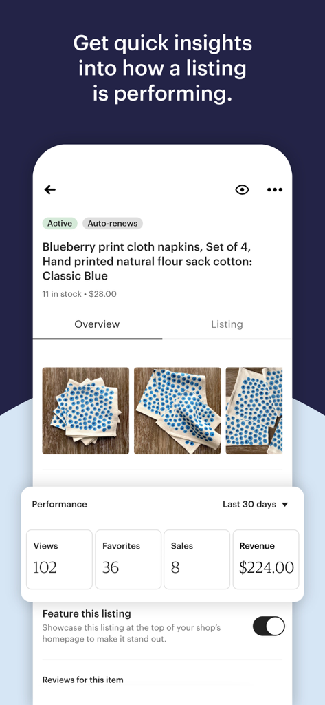 Etsy Seller app interface showing performance statistics like views and revenue for a product listing