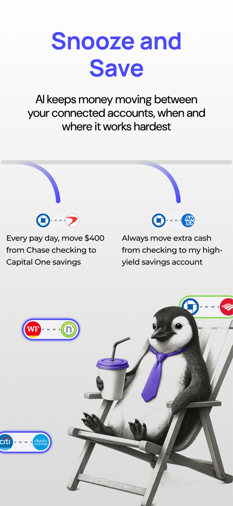 Piere: Budget, Save, Plan - A penguin relaxing in a deck chair representing effortless automated money transfers between bank accounts using Piere AI.