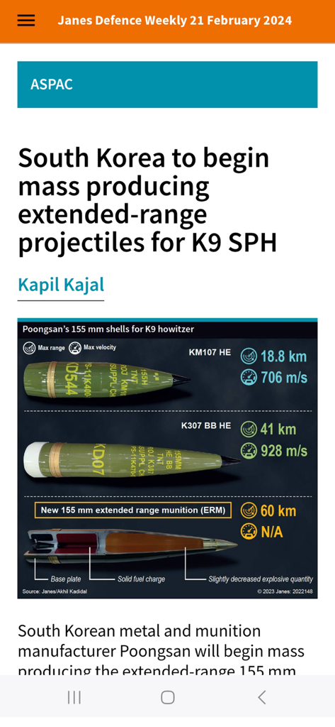 Article in Janes Magazines app about South Korean extended range projectiles for K9 SPH with a technical infographic