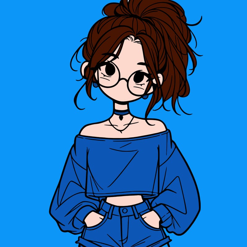 girl with a messy ponytail glasses a baggy crop top and jean shorts