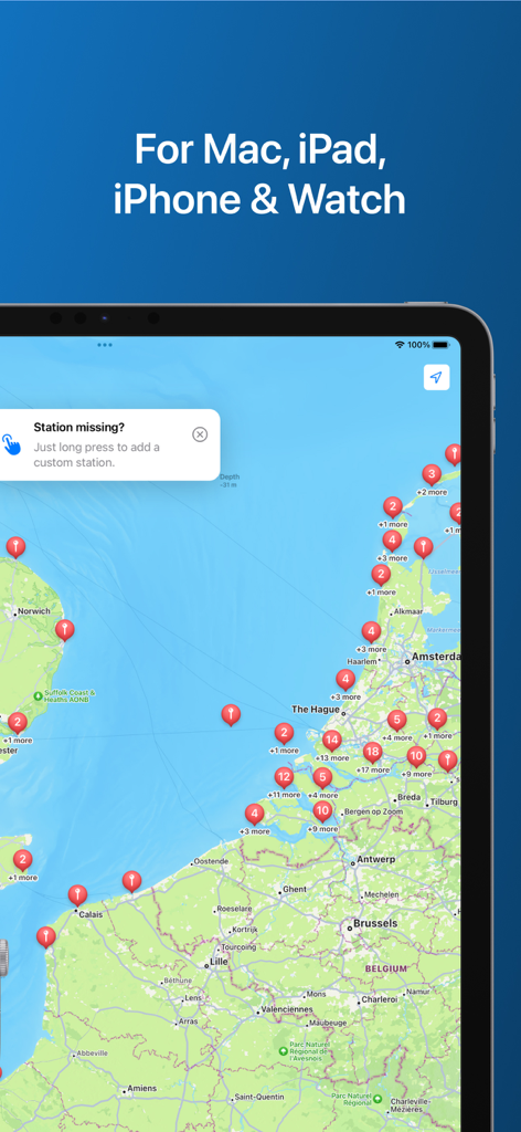 High Tide: Charts & Widgets - iPad画面にヨーロッパ全土の沿岸潮汐ステーションの地図を表示するHigh Tideアプリ