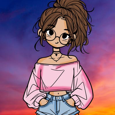 girl with a messy ponytail glasses a baggy crop top and jean shorts