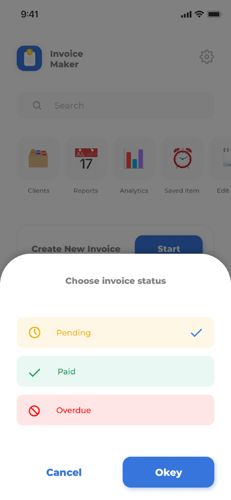 Bildschirm der Rechnungs-Maker-App zur Auswahl des Rechnungsstatus wie ausstehend, bezahlt oder überfällig