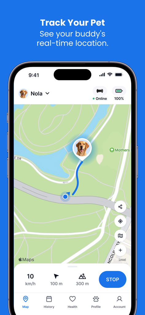 Pantalla de iPhone mostrando la app Tractive GPS con la ubicación en tiempo real de un perro en un mapa