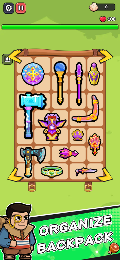 Backpack Fight - Bag Games - Strategic weapon organization inside a fantasy backpack grid