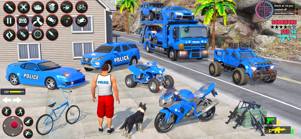 US Police Car Transport Game - A variety of blue police vehicles including a transport truck sports car and motorcycle in a city setting