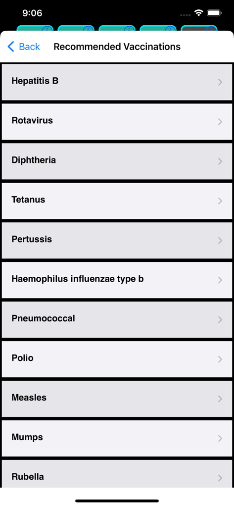 iFetal Pro +2 - List of recommended vaccinations for infants in the iFetal Pro app