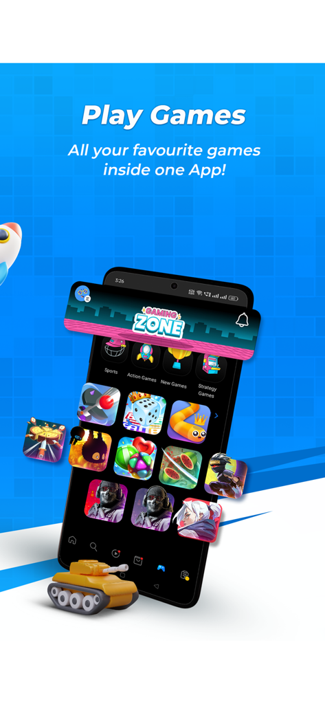 Rooter: Watch Gaming & Esports - Interfaz de la aplicación Rooter que muestra la Zona de Juegos con varias opciones de juegos móviles.