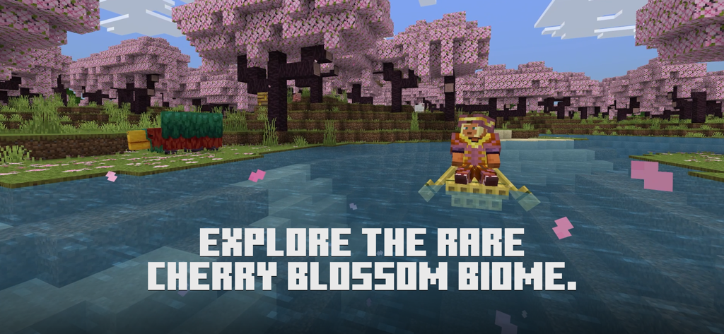 Minecraft: Dream it, Build it! - Un personaje de Minecraft en un bote explorando un bosque de cerezos en flor