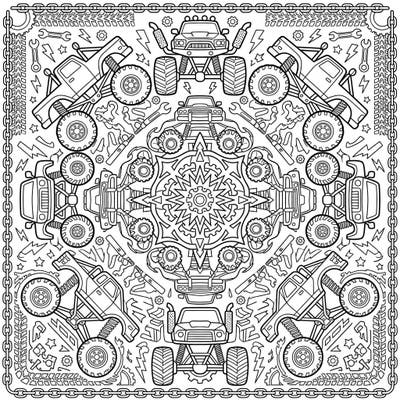 Experience the thrill of monster trucks combined with the tranquility of mandala art in this unique coloring page. This intricate design features powerful trucks and mechanical motifs, perfect for a relaxing and engaging coloring session.