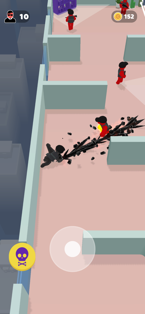 Super Cloner 3D gameplay showing a black character attacking red enemies in an indoor level