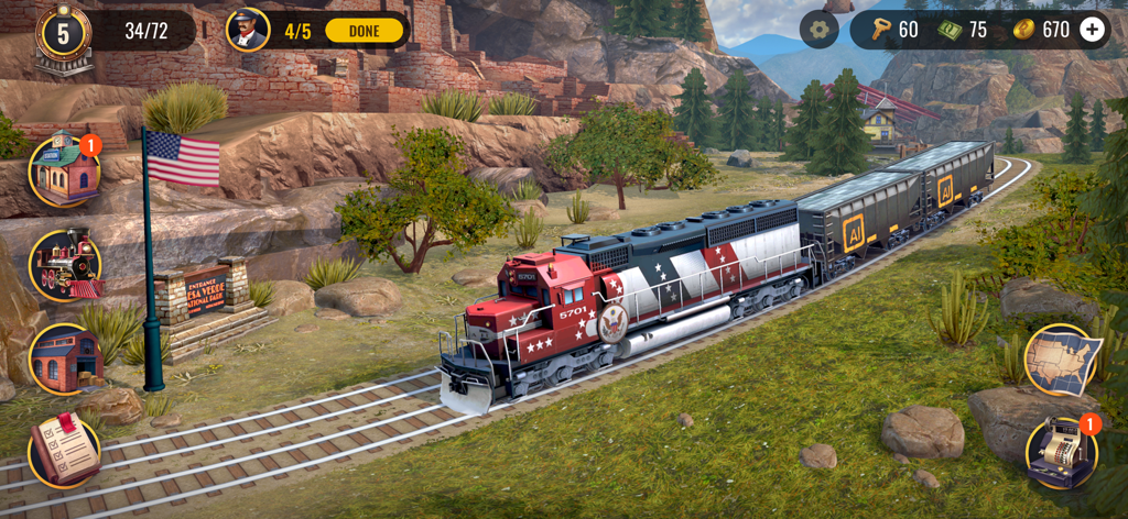 Railroad Empire: Train Game - Une locomotive diesel américaine traversant un canyon dans Railroad Empire Train Game