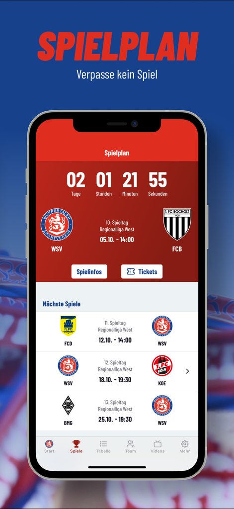 Wuppertaler SV - Wuppertaler SV app match schedule screen with countdown to the next game and upcoming fixtures
