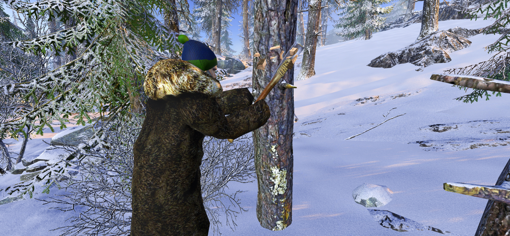 A character chopping wood with an axe in a snowy winter forest