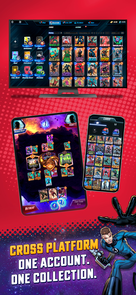 Marvel Snap interface displayed on a monitor, tablet, and smartphone demonstrating cross-platform account synchronization.