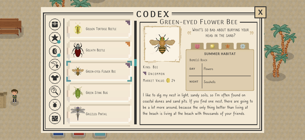 Una voce del codex pixel art per l'Ape dei Fiori Occhi Verdi nel gioco Bug and Seek che mostra il suo habitat e i suoi fatti.