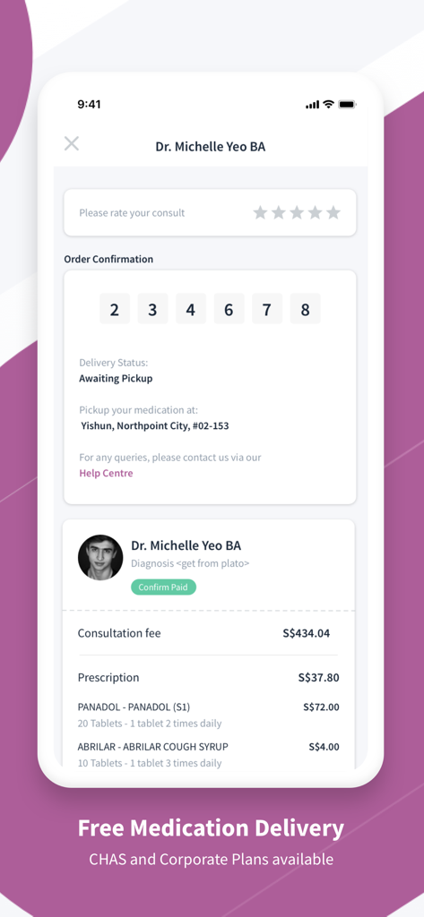 Minmed Connect - Minmed Connect app order confirmation screen showing medical consultation fees and medication delivery status