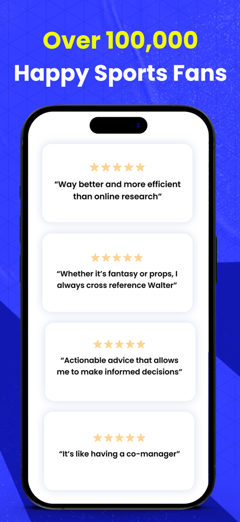 A smartphone screen displaying positive five star user reviews and testimonials for the WalterPicks sports app.
