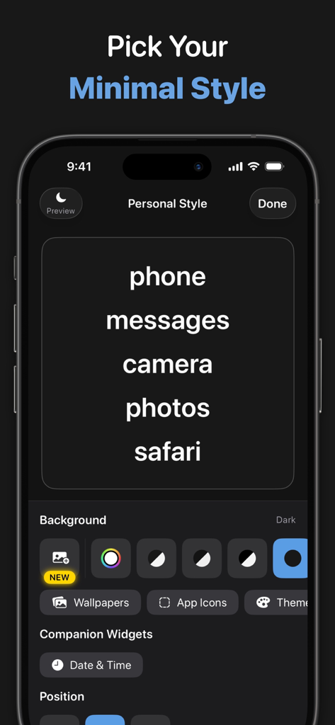 Customization screen of the Dumb Phone app showing options to select a minimalist text-based launcher style