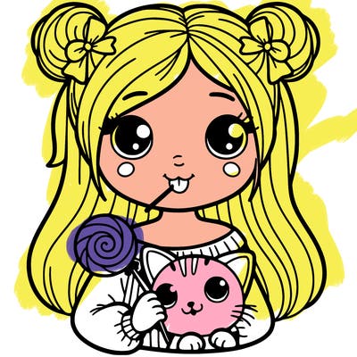 girl holdig a cat and has a lolipop in her mouth