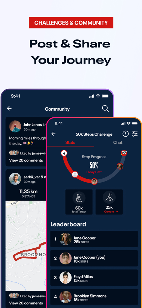 Interfaz de Reebok Fitness App que muestra un feed de entrenamiento comunitario y una tabla de clasificación de desafío de 50k pasos.