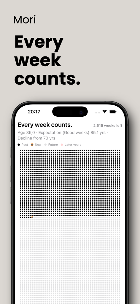 Mori Weeks - Mori Weeks life calendar app showing a minimalist grid of dots representing weeks of life lived and remaining.